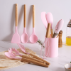 11pcs Wooden Handle Silicone Kitchen Utensils Set Storage Bucket Non-stick Shovel Spoon Cooking Kitchen Utensils 11 Pieces Set Silicone Shovel Spoon -