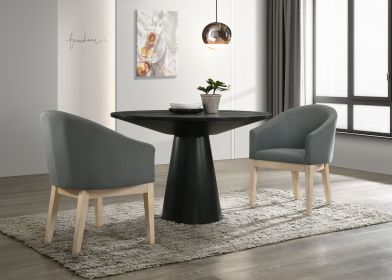 Jasper Ebony Black 3 Piece 47" Round Dining Table Set with Gray Barrel Chairs - as Pic
