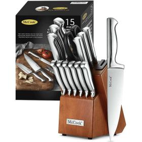 McCook MC29 15-Piece Kitchen Cutlery Knife Block Set Built-in Sharpener Stainless Steel - McCook