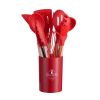 11pcs Wooden Handle Silicone Kitchen Utensils Set Storage Bucket Non-stick Shovel Spoon Cooking Kitchen Utensils 11 Pieces Set Silicone Shovel Spoon -