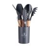 11pcs Wooden Handle Silicone Kitchen Utensils Set Storage Bucket Non-stick Shovel Spoon Cooking Kitchen Utensils 11 Pieces Set Silicone Shovel Spoon -