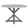 TREXM 5-Piece Farmhouse Style Dining Table Set, Marble Sticker and Cross Bracket Pedestal Dining Table, and 4 Upholstered Chairs (White+Gray) - as Pic